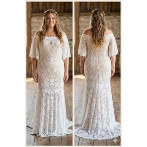Vow'd White Floral Lace Off Shoulder Mermaid Wedding Dress Size 16 Tan Lining